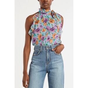 NEW VERONICA BEARD dali sleeveless top in lake blue multi floral print